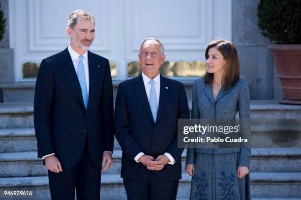 King Felipe VI of Spain and Queen Letizia of Spain receive president of Portugal Marcelo Rebelo de Sousa at Zarzuela Palace on April 16, 2018 in...