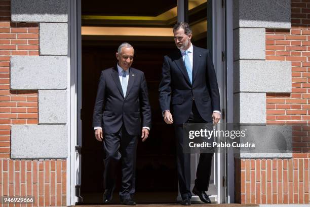 King Felipe VI of Spain receives president of Portugal Marcelo Rebelo de Sousa at Zarzuela Palace on April 16, 2018 in Madrid, Spain.