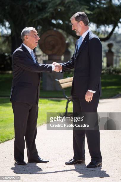 King Felipe VI of Spain receives president of Portugal Marcelo Rebelo de Sousa at Zarzuela Palace on April 16, 2018 in Madrid, Spain.