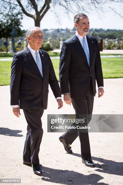 King Felipe VI of Spain receives president of Portugal Marcelo Rebelo de Sousa at Zarzuela Palace on April 16, 2018 in Madrid, Spain.