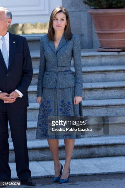 Queen Letizia of Spain receives president of Portugal Marcelo Rebelo de Sousa at Zarzuela Palace on April 16, 2018 in Madrid, Spain.