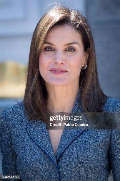 Queen Letizia of Spain receives president of Portugal Marcelo Rebelo de Sousa at Zarzuela Palace on April 16, 2018 in Madrid, Spain.