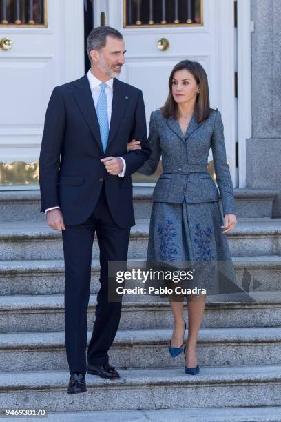 King Felipe VI of Spain and Queen Letizia of Spain receive president of Portugal Marcelo Rebelo de Sousa at Zarzuela Palace on April 16, 2018 in...