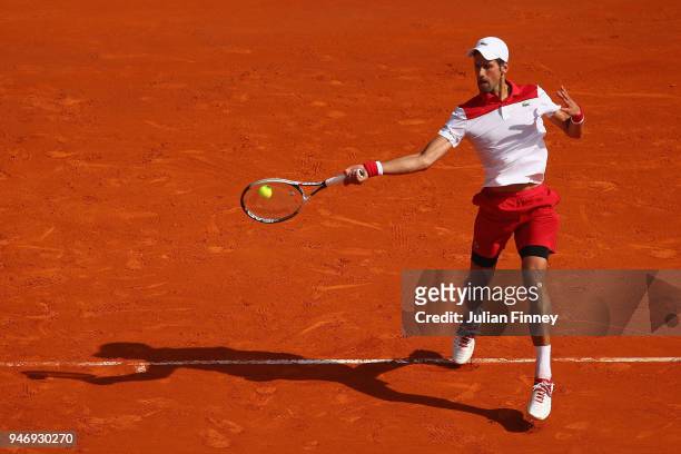 Novak Djokovic of Serbia in action in his singles match against Dusan Lajovic of Serbia during day two of ATP Masters Series: Monte Carlo Rolex...
