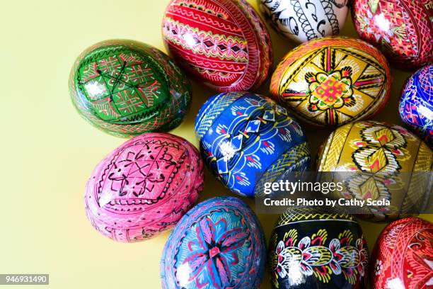 colorful pysanky wooden eggs - ukrainian culture stock pictures, royalty-free photos & images