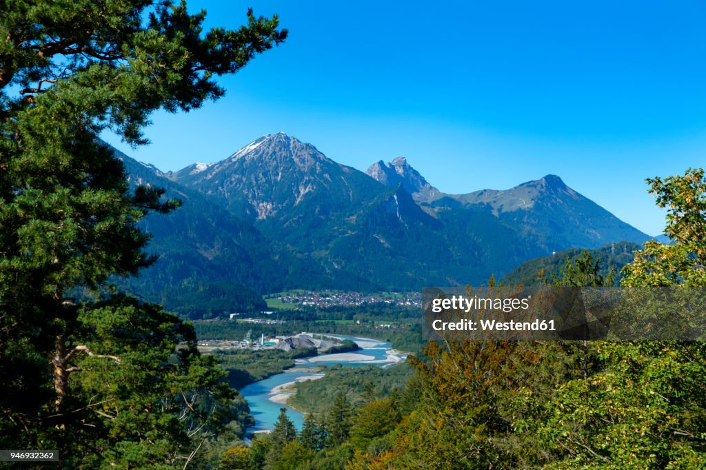 Germany, Bavaria, Swabia, East Allgaeu, View from Calvary near Fuessen, Lech river and Lechtal Alps