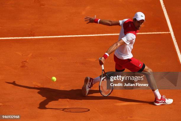 Novak Djokovic of Serbia in action in his singles match against Dusan Lajovic of Serbia during day two of ATP Masters Series: Monte Carlo Rolex...