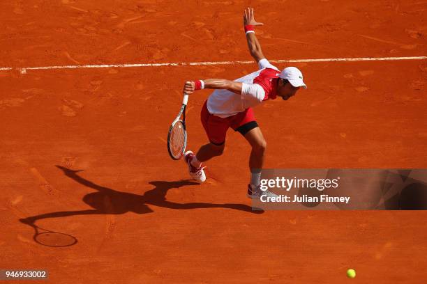 Novak Djokovic of Serbia in action in his singles match against Dusan Lajovic of Serbia during day two of ATP Masters Series: Monte Carlo Rolex...