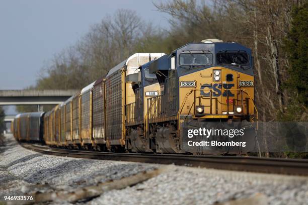 Transportation Inc. Freight locomotives pull an autorack train in Bowling Green, Kentucky, U.S., on Friday, April 13, 2018. CSX Corp. Is scheduled to...