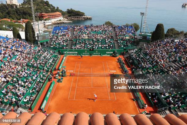 Serbia's Novak Djokovic serves to compatriot Dusan Lajovic during their round of 64 tennis match at the Monte-Carlo ATP Masters Series Tournament, on...