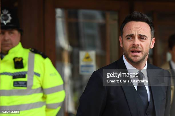 Ant McPartlin makes a statement as he leaves Wimbledon Magistrates Court on April 16, 2018 in London, England. Anthony McPartlin, one half of the...