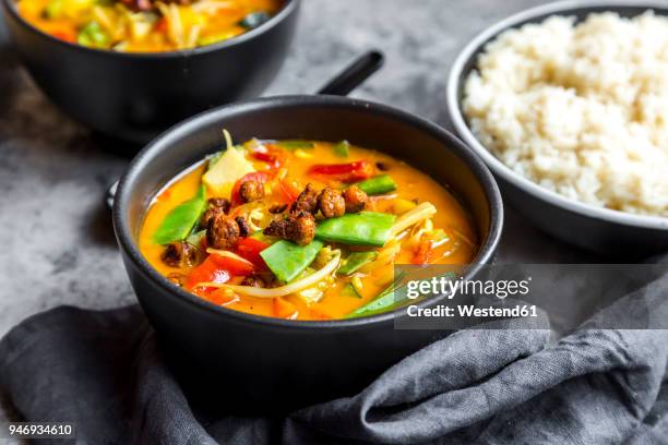 red curry in bowls, rice - pimiento rojo asado fotografías e imágenes de stock