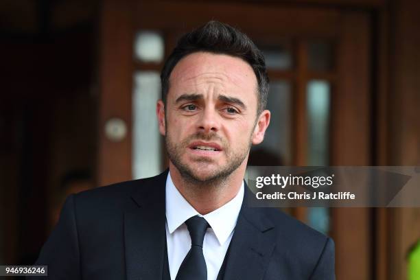 Ant McPartlin makes a statement as he leaves Wimbledon Magistrates Court on April 16, 2018 in London, England. Anthony McPartlin, one half of the...