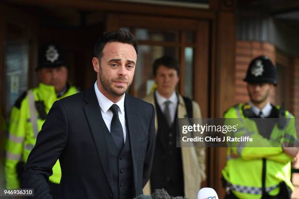 Ant McPartlin makes a statement as he leaves Wimbledon Magistrates Court on April 16, 2018 in London, England. Anthony McPartlin, one half of the...