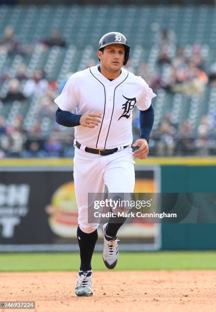 Mikie Mahtook of the Detroit Tigers runs the bases during the game against the Kansas City Royals at Comerica Park on April 2, 2018 in Detroit,...