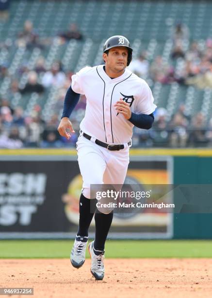 Mikie Mahtook of the Detroit Tigers runs the bases during the game against the Kansas City Royals at Comerica Park on April 2, 2018 in Detroit,...