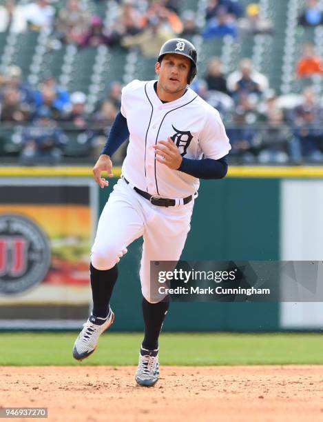 Mikie Mahtook of the Detroit Tigers runs the bases during the game against the Kansas City Royals at Comerica Park on April 2, 2018 in Detroit,...
