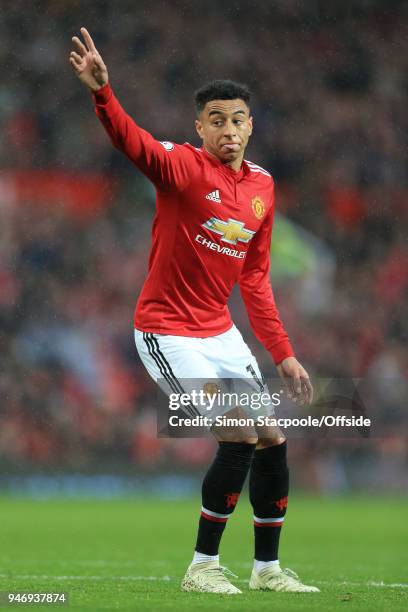 Jesse Lingard of Man Utd gestures during the Premier League match between Manchester United and West Bromwich Albion at Old Trafford on April 15,...