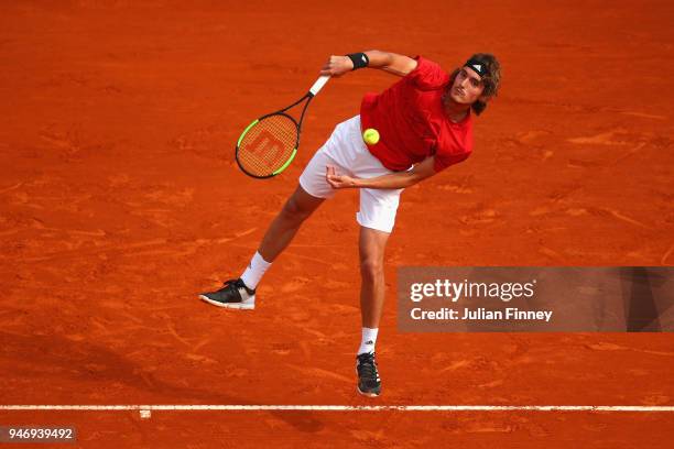 Stefanos Tsitsipas of Greece in action in his match against Denis Shapovalov of Canada during day two of ATP Masters Series: Monte Carlo Rolex...