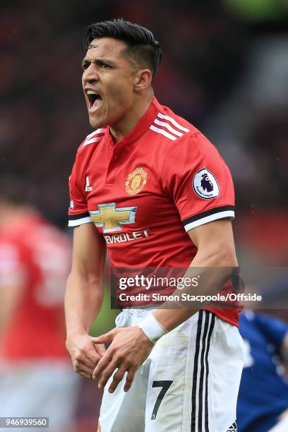 Alexis Sanchez of Man Utd reacts angrily during the Premier League match between Manchester United and West Bromwich Albion at Old Trafford on April...