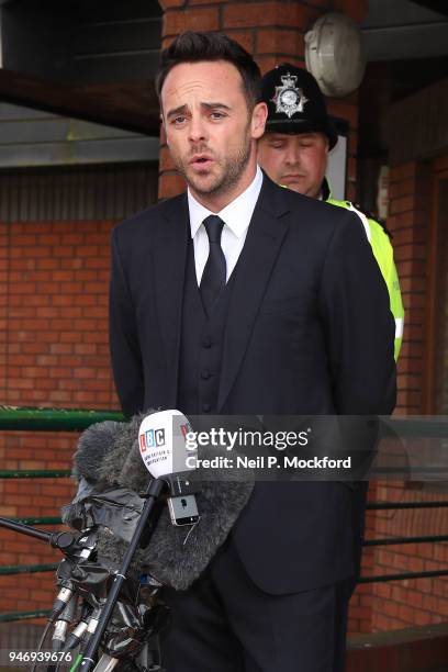 Ant McPartlin reads a statement outside Wimbledon Magistrates Court on April 16, 2018 in London, England. Anthony McPartlin, one half of the...