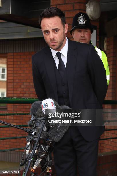 Ant McPartlin reads a statement outside Wimbledon Magistrates Court on April 16, 2018 in London, England. Anthony McPartlin, one half of the...