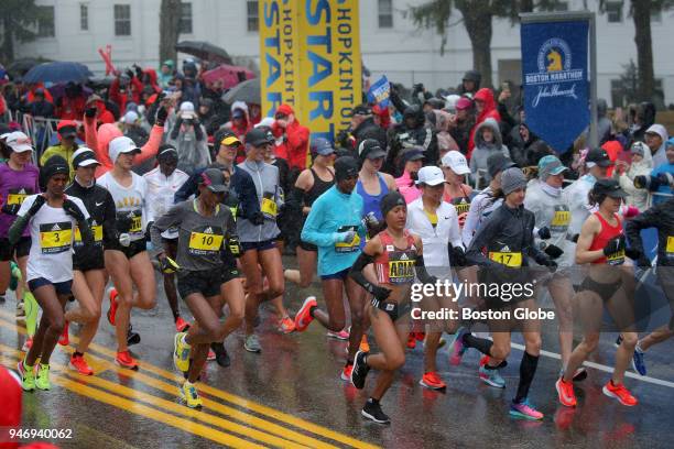 Hopkinton, MA The women's elite runners start the Boston Marathon starting line in Hopkinton, MA on April 16, 2018.