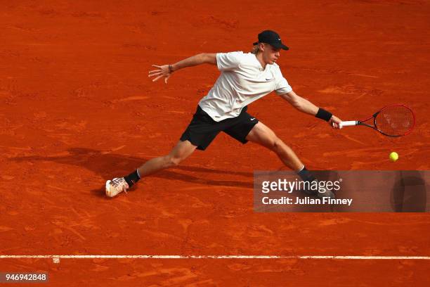 Denis Shapovalov of Canada in action in his singles match against Stefanos Tsitsipas of Greece during day two of ATP Masters Series: Monte Carlo...