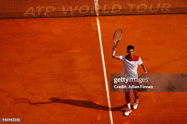 Novak Djokovic of Serbia celebrates after his singles match against Dusan Lajovic of Serbia during day two of ATP Masters Series: Monte Carlo Rolex...