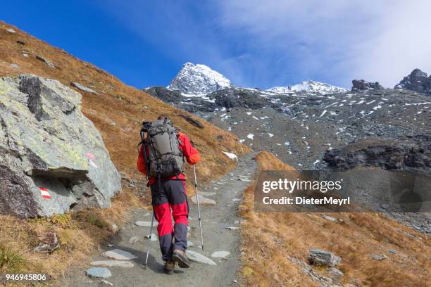 trepador de la montaña en el largo camino hacia grossglockner, alpes austríacos - grossglockner fotografías e imágenes de stock