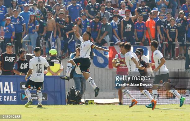 Esteban Paredes of Colo Colo celebrates after scoring the second goal of his team during a match between U de Chile and Colo Colo as part of Torneo...