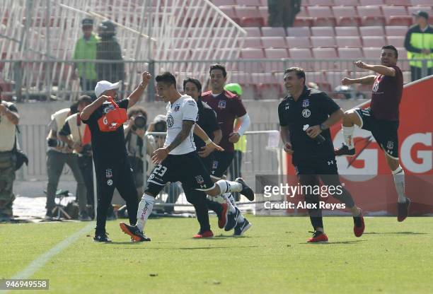 Claudio Baeza of Colo Colo celebrates after scoring the third goal of his team, during a match between U de Chile and Colo Colo as part of Torneo...
