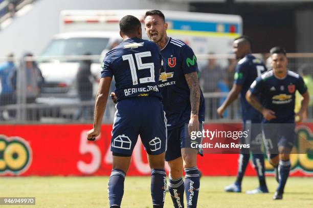 Jean Beausejour and Mauricio Pinilla argue during a match between U de Chile and Colo Colo as part of Torneo Scotiabank 2018 at Estadio Nacional de...