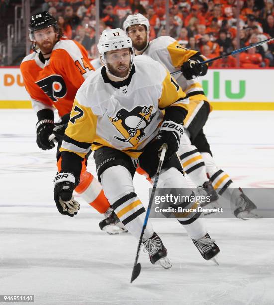 Bryan Rust of the Pittsburgh Penguins skates against the Philadelphia Flyers in Game Three of the Eastern Conference First Round during the 2018 NHL...