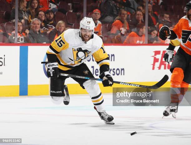 Riley Sheahan of the Pittsburgh Penguins skates against the Philadelphia Flyers in Game Three of the Eastern Conference First Round during the 2018...
