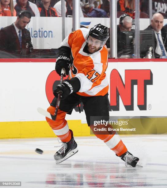 Andrew MacDonald of the Philadelphia Flyers skates against the Pittsburgh Penguins in Game Three of the Eastern Conference First Round during the...