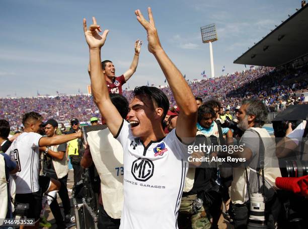 Iván Morales of Colo Colo celebrates after winning a match between U de Chile and Colo Colo as part of Torneo Scotiabank 2018 at Nacional Stadium of...