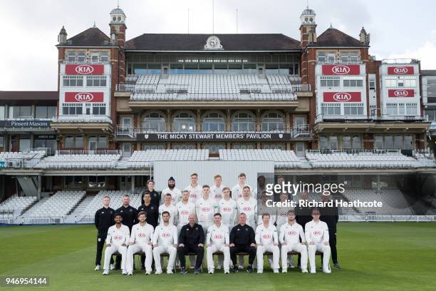 The Surrey County Cricket Club squad pose in County Championship kit at The Kia Oval on April 16, 2018 in London, England.
