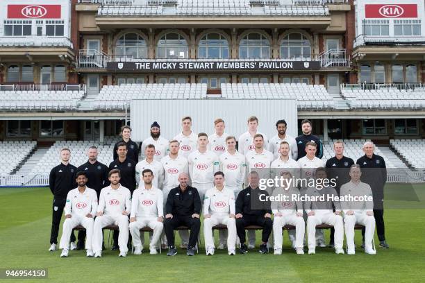 The Surrey County Cricket Club squad pose in County Championship kit at The Kia Oval on April 16, 2018 in London, England.