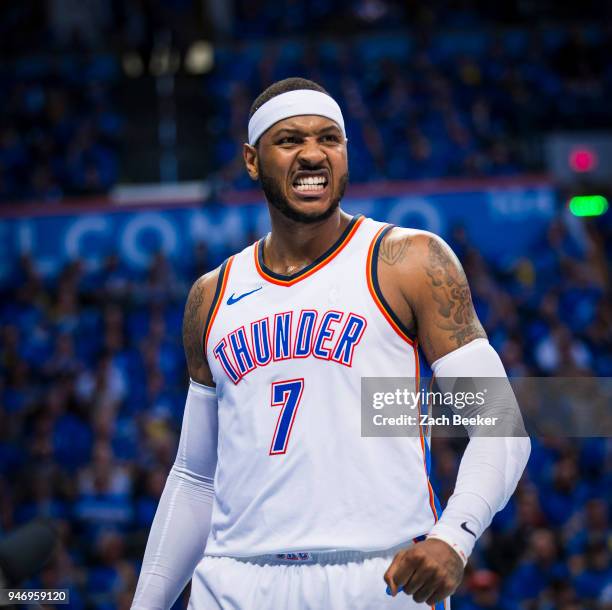 Carmelo Anthony of the Oklahoma City Thunder during the game against the Utah Jazz during Game one and Round one of the 2018 NBA Playoffs on April...