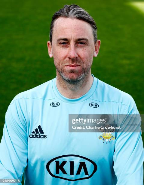 Rikki Clarke of Surry CCC poses for a head shot during the Surrey CCC Photocall at The Kia Oval on April 16, 2018 in London, England.