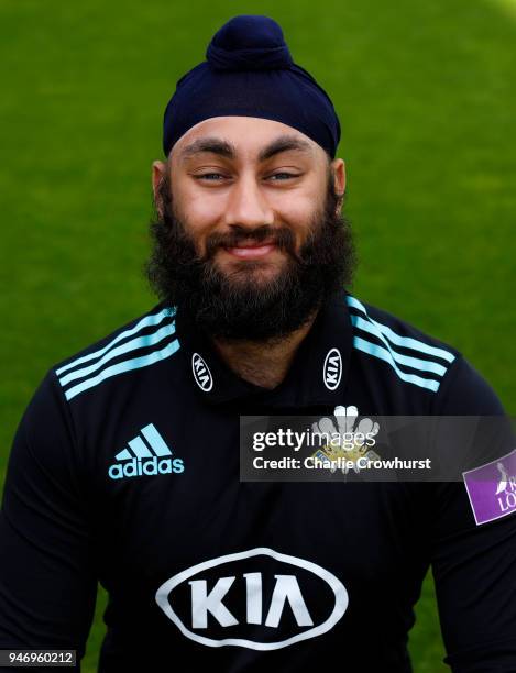 Amar Virdi of Surrey CCC poses for a head shot during the Surrey CCC Photocall at The Kia Oval on April 16, 2018 in London, England.