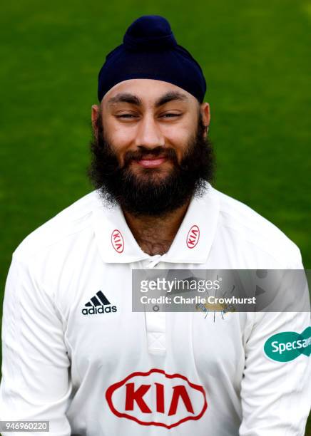 Amar Virdi of Surrey CCC poses for a head shot during the Surrey CCC Photocall at The Kia Oval on April 16, 2018 in London, England.