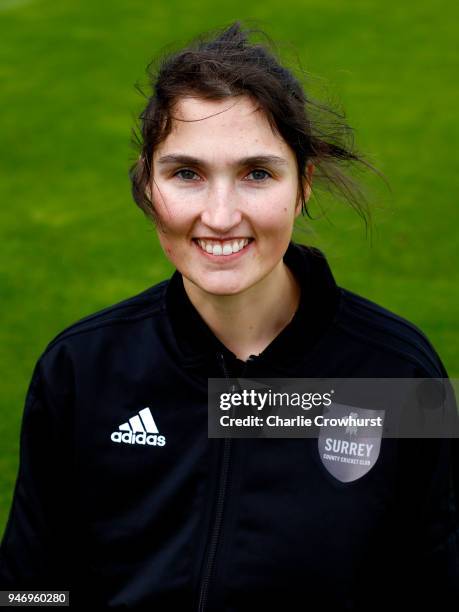 Natalie Greening team analyst at Surrey CCC poses for a head shot during the Surrey CCC Photocall at The Kia Oval on April 16, 2018 in London,...