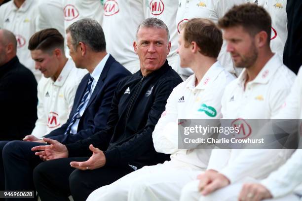 Alex Stewart and Gareth Batty chat during the Surrey CCC Photocall at The Kia Oval on April 16, 2018 in London, England.