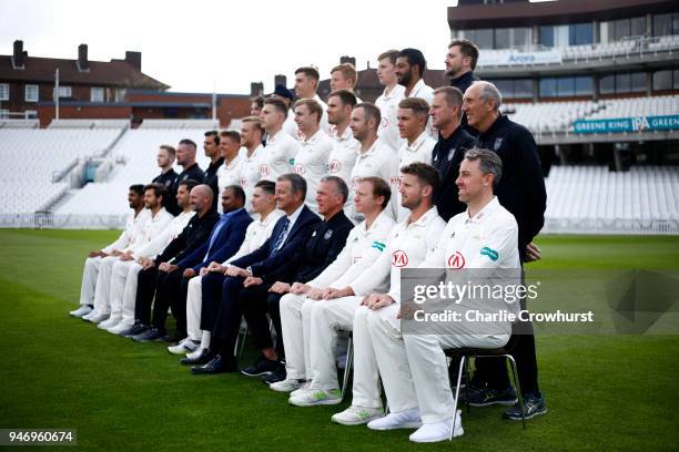 The Surrey CCC pose for a squad photo during the Surrey CCC Photocall at The Kia Oval on April 16, 2018 in London, England.