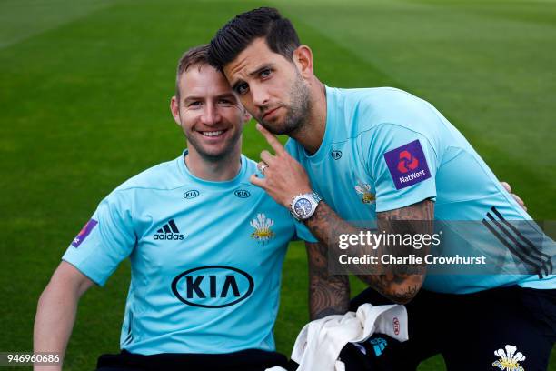 Mark Stoneman and Jade Dernbach pose for a photo during the Surrey CCC Photocall at The Kia Oval on April 16, 2018 in London, England.