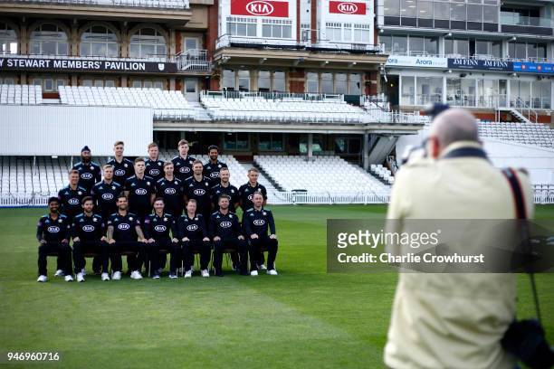 The Surrey CCC pose for a squad photo during the Surrey CCC Photocall at The Kia Oval on April 16, 2018 in London, England.