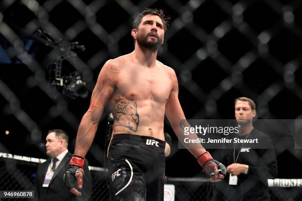 Carlos Condit reacts after the welterweight fight against Alex Oliveira of Brazil during the UFC Fight Night at Gila River Arena on April 14, 2018 in...