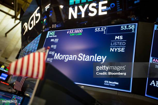 Monitor displays Morgan Stanley signage on the floor of the New York Stock Exchange in New York, U.S., on Monday, April 16, 2018. U.S. Stocks rallied...